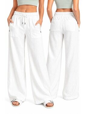 Athleta Cabo Linen Wide Leg Pants White Size 4 Elastic Waist Drawstring Zip Pock